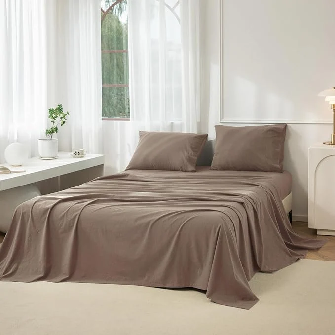 High-Grade JIYUAN Full Size Sheet Set 4-Piece – Washed Cotton Linen-Like Soft amp Breathable Includes Deep Pocket Fitted amp Flat Sheet with 2 Pillowcases Hotel Quality Solid Light Brown Fine