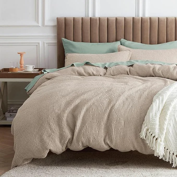 Smooth Bedsure Waffle Comforter Set King Khaki Soft Bedding Waffle Weave Bed Set 3 Pieces 1 Comforter 104 quot x90 quot and 2 Pillow Shams Cotton Shell and Polyester Lining for All Seasons Solid