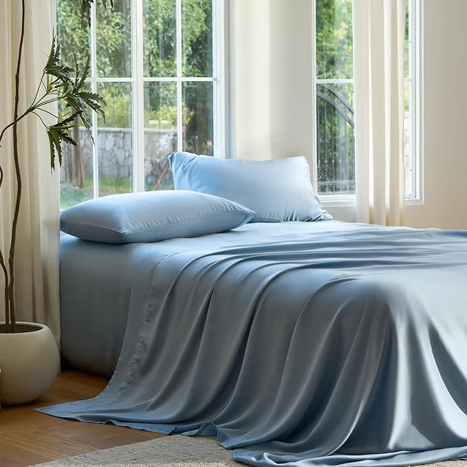 Top-Quality DOZ Sheet Set Viscose derived from Bamboo Organically Grown Buttery Soft Cooling Sheets High GSM Deep Pockets – 4 Piece – 2 Pillowcases 1 Fitted 1 Top Sheet Sky King Next-Generation
