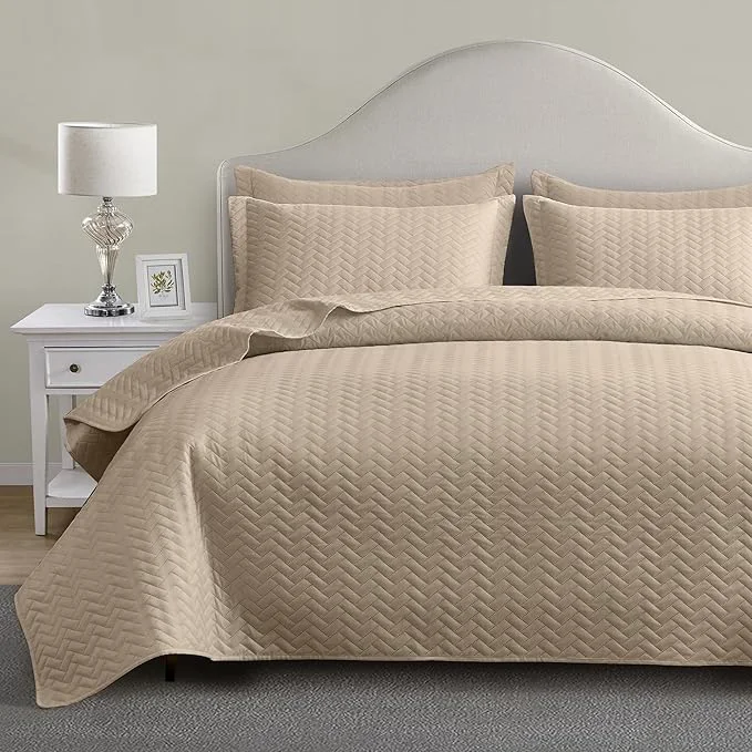 Secure Maple amp Stone Quilt Set Oversized King Size 128 quot x120 quot Lightweight Beige Bedspread Ultrasonic Chevron Pattern Light Coverlet for All Season Comforter Bedding Decor – 3 Piece Bed Cover Sets Functional