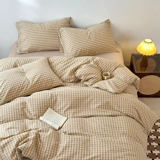 Fine LifeTB Brown Gingham Duvet Cover Set Queen Beige Tan Plaid Checkered Duvet Cover Soft Breathable 3 Pieces Grid Bedding Set Washed Cotton Tan Gingham Comforter Cover with 2 Pillowcases Fashionable