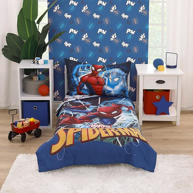 Excellent NoJo Marvel Spiderman to The Rescue Red White and Blue 4 Piece Toddler Bed Set – Comforter Fitted Bottom Sheet Flat Top Sheet and Reversible Pillowcase Elite