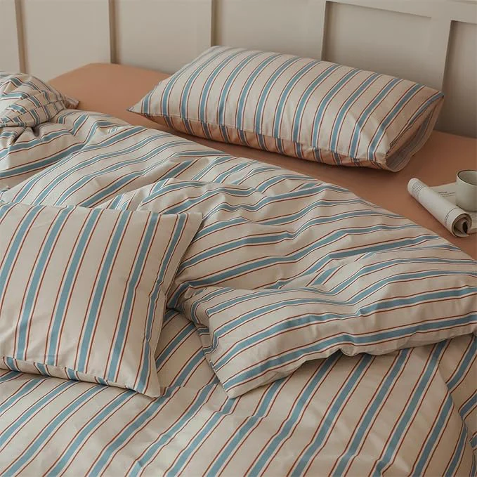 Modern Blue Striped Duvet Cover Twin XL Cotton Retro Stripes Pattern Printed Bedding Set 3 Pieces Blue Brown Striped Comforter Cover Simple Style Breathable Duvet Cover with Zipper Closure amp Corner Ties Certified