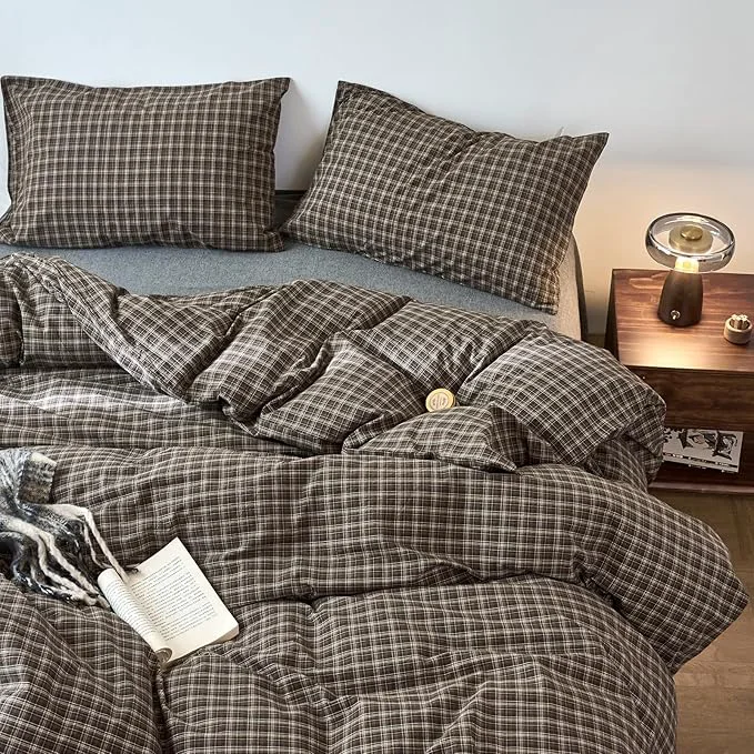Premium Vintage Buffalo Plaid Duvet Cover Set Queen Size 3 Piece Washed Cotton Brown Gingham Duvet Cover with 2 Pillowcases Soft amp Breathable Grid Comforter Cover Plaid Checkered Farmhouse Bedding Set World-Class