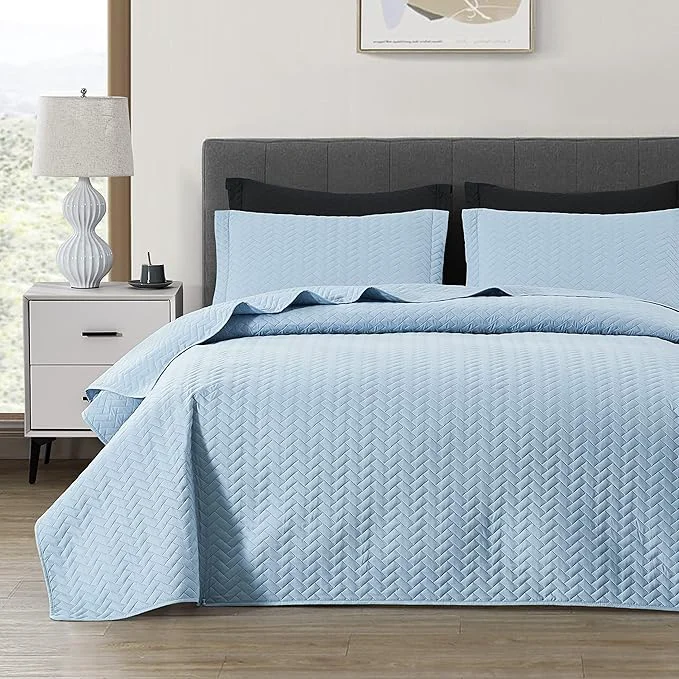 Powerful Maple amp Stone Quilt Set King Size Lightweight Light Blue Bedspread Ultrasonic Chevron Pattern Light Coverlet for All Season Comforter Bedding Decor – 3 Piece King Bed Cover Sets Fine Crafted