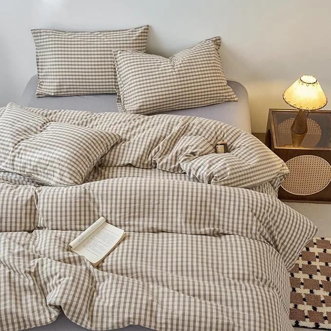 Outstanding LifeTB Grey Gingham Duvet Cover Queen Size Washed Cotton Grey Beige Plaid Duvet Cover 3 Pieces Vintage Grid Checkered Comforter Cover Breathable Plaid Farmhouse Gingham Bedding Set Smart