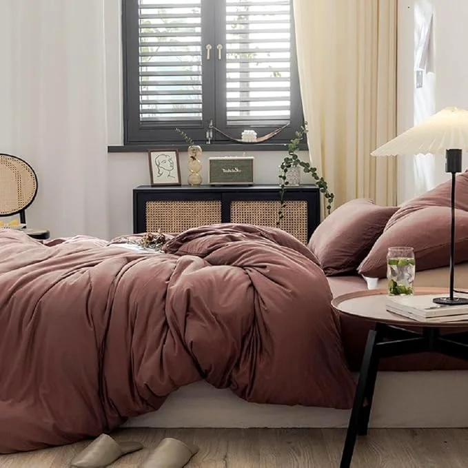 Superior LifeTB Brick Red Duvet Cover King Size Soft Jersey Knit Cotton Bedding Set Minimalist Clay Rust Red Comforter Cover 3 Pieces Solid Color Bedding Set Knitted Cotton Duvet Cover with 2 Pillowcases Official
