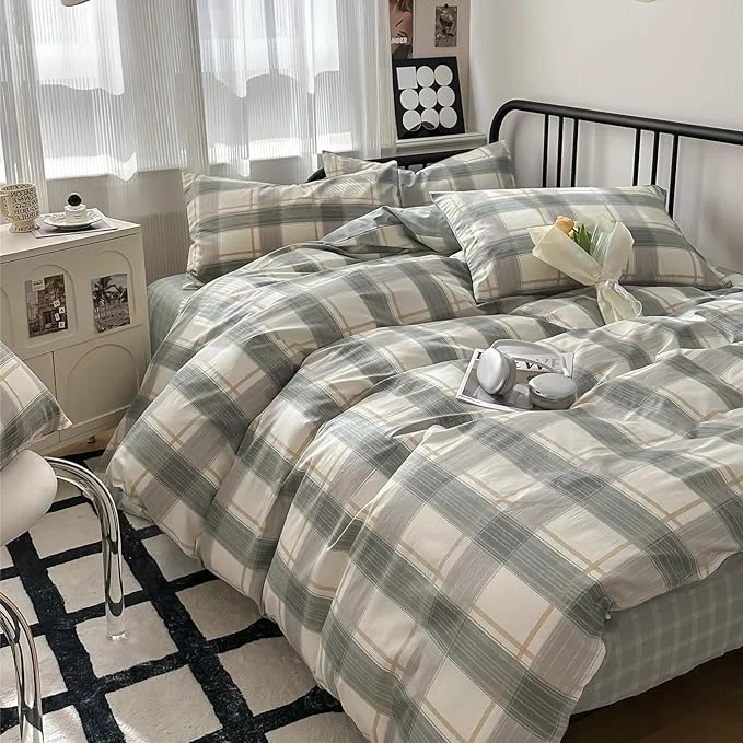 Fine Crafted LifeTB Green Plaid Duvet Cover Full Soft Cotton Grid Plaid Bedding Set Geometric Checkered Gingham Comforter Cover for Men Boys Modern Style Plaid Comforter Cover 1 Duvet Cover with 2 Pillowcases Responsible