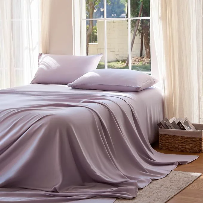 Comfortable DOZ Sheet Set Viscose derived from Bamboo Organically Grown Buttery Soft Cooling Sheets High GSM Deep Pockets – 3 Piece – 2 Pillowcases 1 Fitted Sheet Lavender Cal King Elite