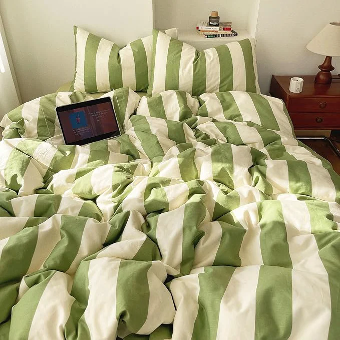 Official 3 Pieces Striped Duvet Cover Set Queen Washed Microfiber Sage Green and White Stripes Pattern Printed Comforter Cover Farmhouse Striped Bedding Set Soft Breathable Duvet Cover Queen Size Safe