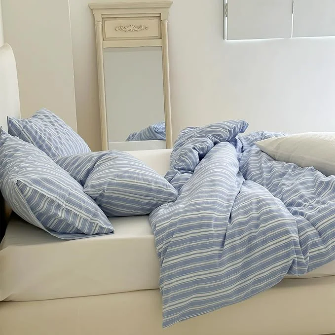 Next-Generation LifeTB Striped Duvet Cover Set King Washed Cotton Blue White Stripes Pattern Printed Comforter Cover Farmhouse 3 Pieces Striped Bedding Set Cool Breathable Duvet Cover with 2 Pillowcases Selected