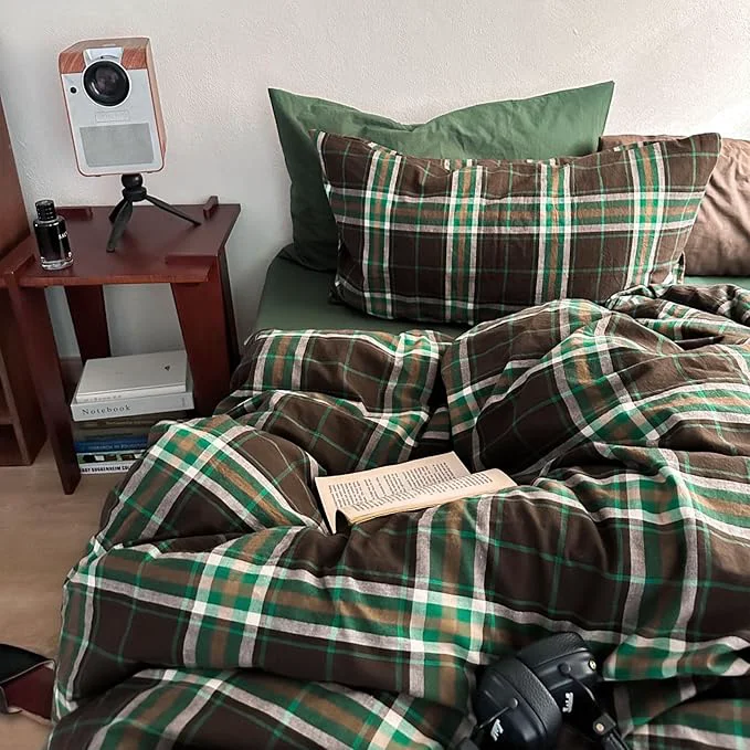 Eco-Friendly Brown amp Green Buffalo Plaid Duvet Cover Set Twin XL 3 Piece Vintage Checkered Grid Bedding Set Washed Cotton Plaid Comforter Cover Aesthetic Grid Pattern Breathable Duvet Cover with 2 Pillowcases Fine