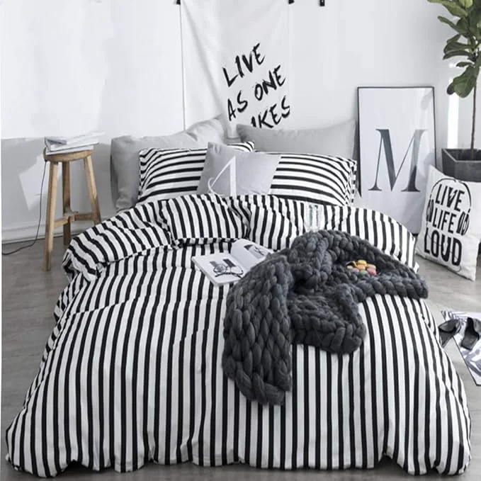 Solid CLOTHKNOW Striped California King Comforter Set Black White Bedding Comforter Sets All Season Farmhouse Ticking Comforter with 2 x Pillow Cases Comfortable