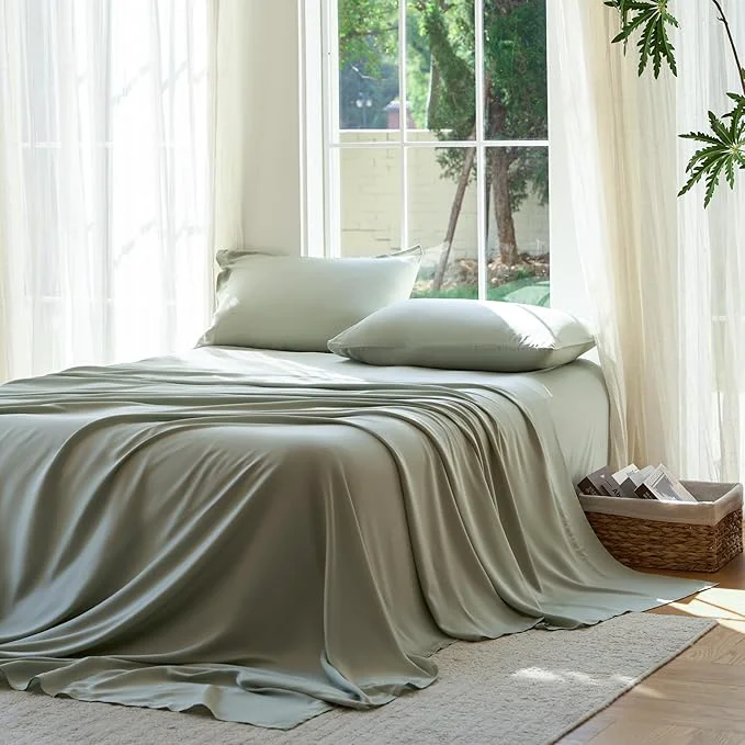 Quality DOZ Sheet Set Viscose derived from Bamboo Organically Grown Buttery Soft Cooling Sheets High GSM Deep Pockets – 4 Piece – 2 Pillowcases 1 Fitted Sheet 1 Top Sheet Sage Full Recyclable
