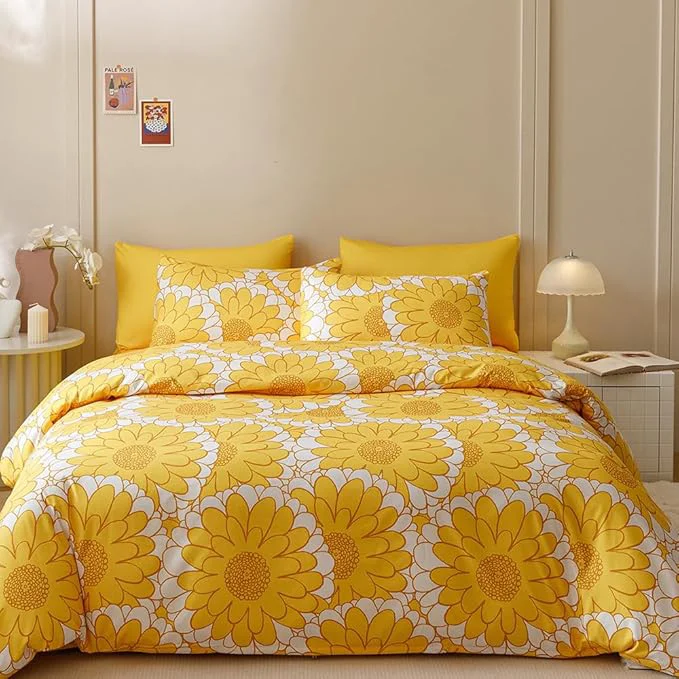 Unique CLOTHKNOW Yellow Sunflower Twin Comforter Set Floral Bedding Comforter Sets Soft All Season Boho Comforter with 2 x Pillow Cases Artisan
