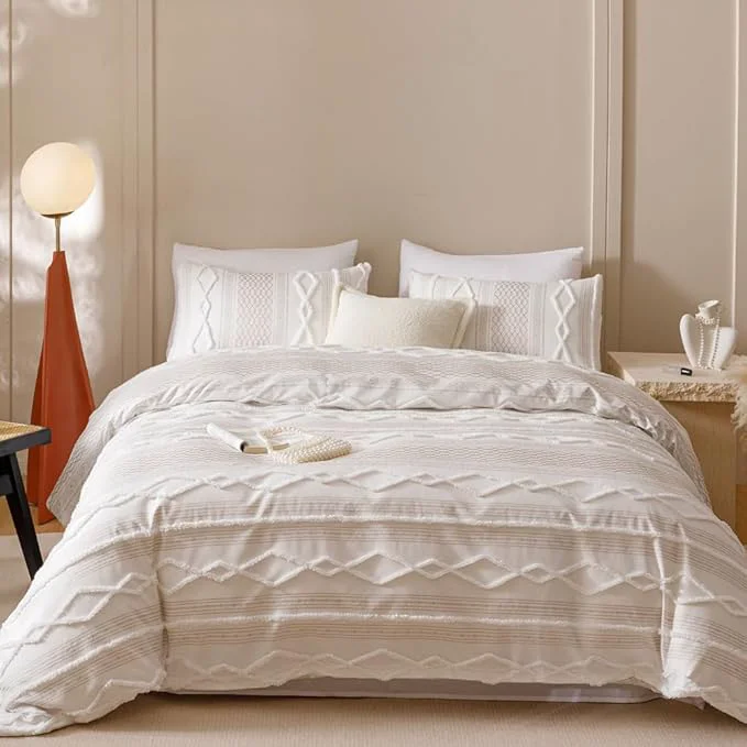 Expertly Made CLOTHKNOW Ivory Bohemian Full Size Comforter Set Clipped Jacquard Bedding Comforter Sets Soft Farmhouse Stripes Comforter with 2 x Pillow Cases Long-Lasting