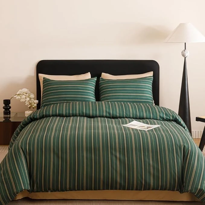 Original Design CLOTHKNOW Striped King Size Comforter Set 3Pcs Green Bedding Comforter Sets Farmhouse Ticking Comforter with 2 x Pillow Cases High-Grade