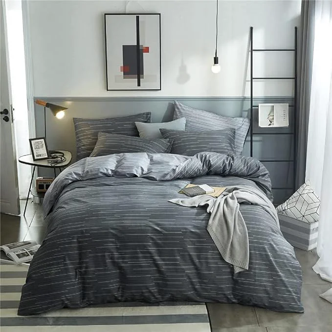 Versatile LifeTB Grey Striped Duvet Cover Set Queen Cotton Geometric Stripes Pattern Printed Comforter Cover Modern Style Striped Bedding Set Soft Breathable Duvet Cover with Zipper Closure Detailed