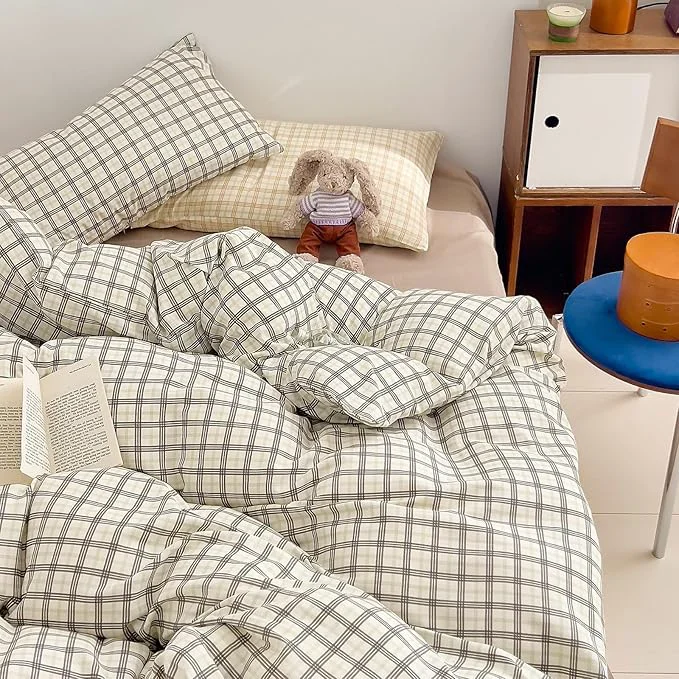 Fine LifeTB Vintage Grey Plaid Duvet Cover Gingham Bedding Set Twin XL Cotton Muslin Duvet Cover Grey Green Plaid Checkered Comforter Cover Linen Like Gauze Breathable Soft Farmhouse Grid Bedding Set Traditional