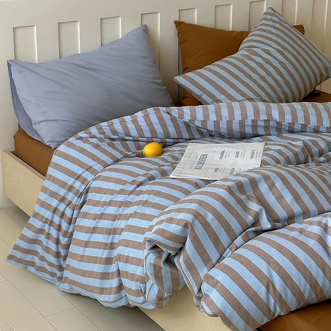 Original Blue Brown Striped Duvet Cover Set Twin Washed Cotton Vintage Stripes Pattern Printed Bedding Set 3 Pieces Farmhouse Striped Comforter Cover Soft Comfy Breathable Duvet Cover with Zipper Authentic