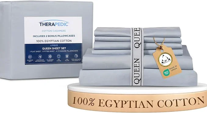 Authentic Therapedic Egyptian Cotton Queen 6-Piece Sheet Set – Naturally Cooling amp Breathable Sateen Preshrunk Garment Wash 16 quot Deep Pocket Fitted Sheet Bonus Pillowcases Soft amp Durable – Light Blue Convenient