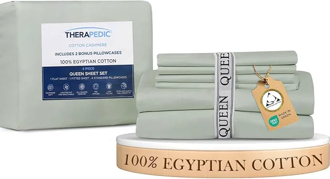 Responsible Therapedic Egyptian Cotton Queen 6-Piece Sheet Set – Naturally Cooling amp Breathable Sateen Preshrunk Garment Wash 16 quot Deep Pocket Fitted Sheet Bonus Pillowcases Soft amp Durable – Sage Sophisticated