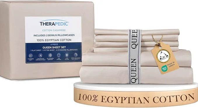 Therapedic Egyptian Cotton Queen 6-Piece Sheet Set – Naturally Cooling amp Breathable Sateen Preshrunk Garment Wash 16 quot Deep Pocket Fitted Sheet Bonus Pillowcases Soft amp Durable – Fog Exclusive
