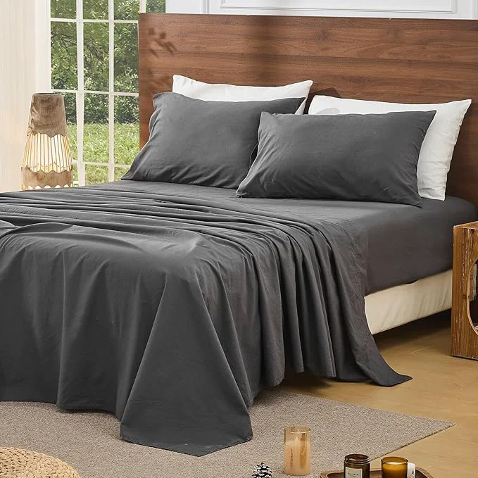 Original Bedlifes French Pure Linen Sheets King Size Breathable and Cooling Flax Sheet Set Soft Durable and Moisture Wicking 16 Inch Deep Pocket-4 Piece King Dark Grey Effective