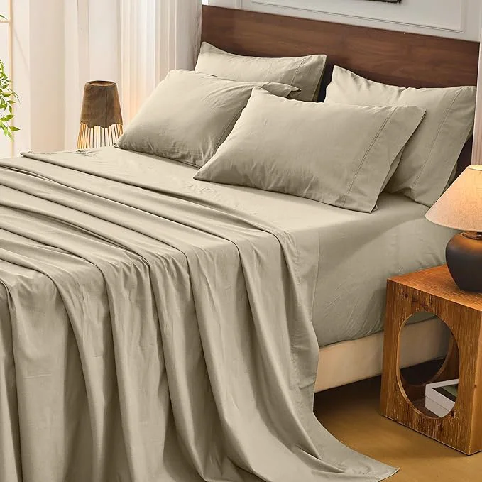 Exclusive Bedlifes French Flax Linen Sheets Set King Size – 6 Piece Extra Deep Pocket 18-24 quot Soft Breathable King Bed Sheets with Temperature Regulating amp Moisture-Wicking Taupe Convenient
