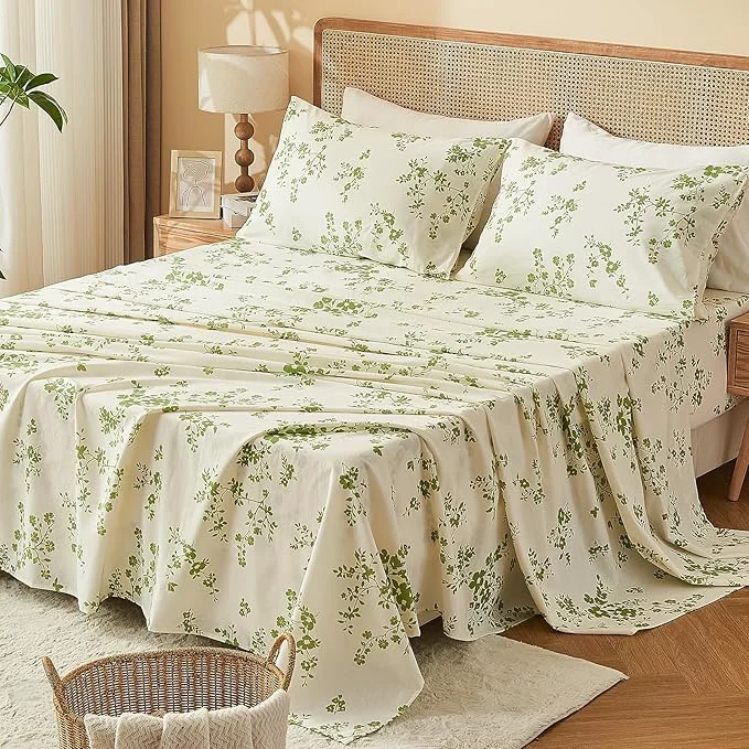 Elegant Bedlifes French Linen Sheets Queen Size – Floral Printed Botanical Pattern Breathable Cooling Sheet Set 16 quot Deep Pocket 4-Piece Queen Floral Green Smart