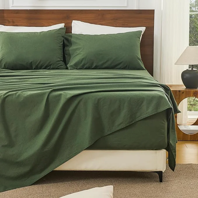 Bedlifes French Linen Sheets Queen Size 18-24 Extra Deep Pocket 4-Piece Set Breathable amp Moisture-Wicking Soft amp Durable Sheets for Thick Mattresses Forest Green Detailed