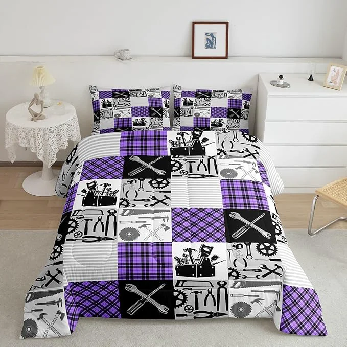 Practical Kids Girls Cars Comforter Set Wrench Repair Outfit Bedding Set Farmhouse Gingham Check Bedding Home Decor Gray Purple Comforter King Size 3 Pieces Quilted Duvet Set with 2 Pillowcase Durable