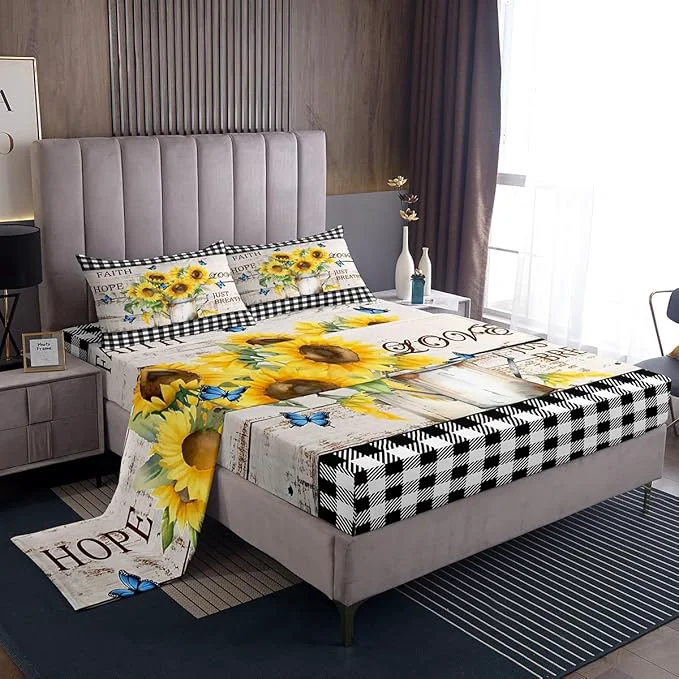 Original Design Yellow Sunflowers Bed Sheets Set Rustic Farmhouse Style Fitted Sheet Black White Plaid Bedding Set for Bedroom Decor Retro Gingham Sheets Full Flat Sheet amp Fitted Sheet with 2 Pillow Case Fine Crafted