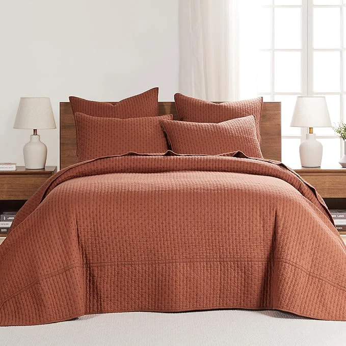 Minimalist Levtex Home Cross Stitch Reversible Queen Bedspread Set 104x106in with 2 Pillow Shams 26x20in – Stitch Texture – Adobe – Cotton Queen Size Bedspread Set – Lightweight Soft Pre-Washed Luxury