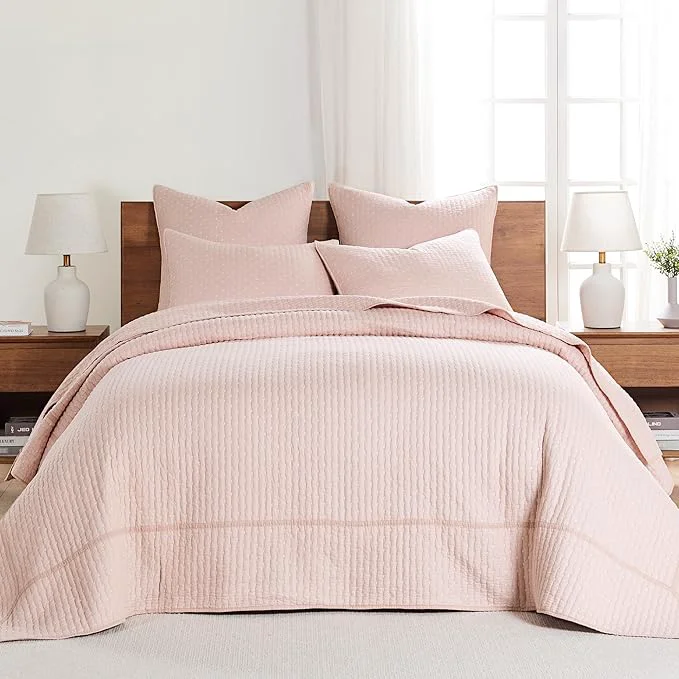 Fashionable Levtex Home Cross Stitch Blush Bedspread Set – Full Bedspread 2 Shams – Cotton 3 Pieces Artisan