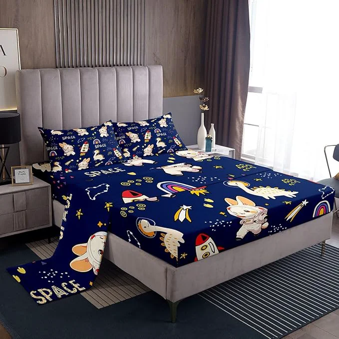 Unique Cute Rabbits Bed Sheets Set Kids Boys Dinosaurs Fitted Sheet Cartoon Rocket Bedding Set for Bedroom Decor Starry Galaxy Navy Sheets Full Flat Sheet amp Fitted Sheet with 2 Pillow Case Premium Material