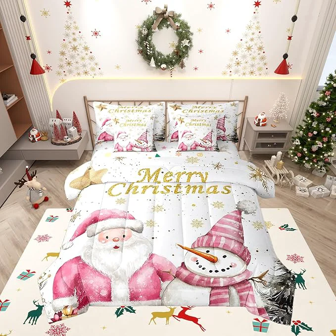 Stylish Gold Snowflake Full Comforter Set with Sheets Bed in a Bag 7 Pcs Pink Santa Snowman Christmas Trees Bed Set Watercolor Winter Bedding Sets with Comforter Flat Fitted Sheet Pillowcases Pillow Covers Solid