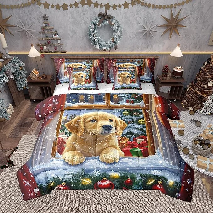 Effective Castle Fairy Cute Dog Puppy 7 Pieces Bedding Set Full Bed in a Bag Watercolor Christmas Trees Bell Comforter Set Kids Happy New Year Gifts Soft Warm Microfiber Bedding Smooth