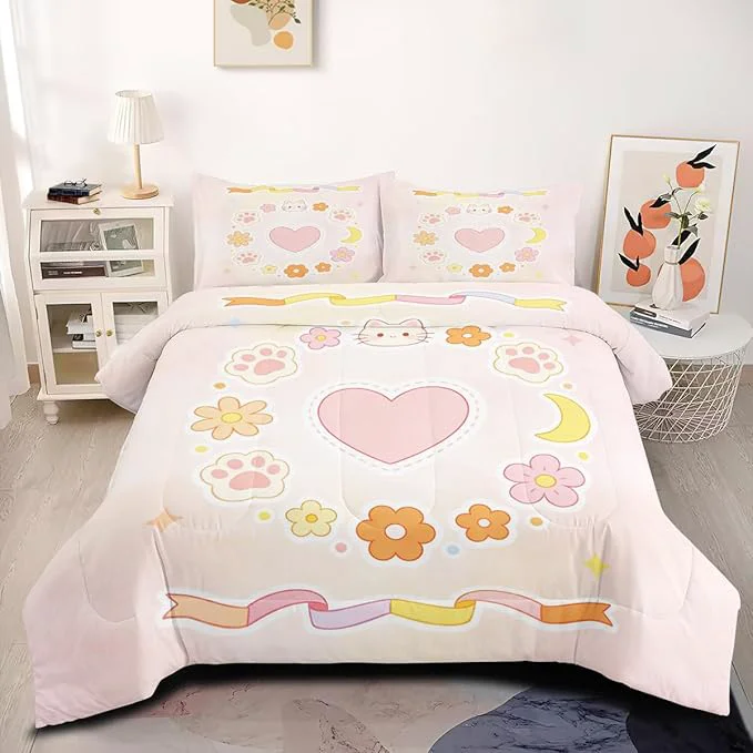 Fine Kids Pink Cartoon Heart Bedding Set 5Pcs Twin Size Cat Paw Bed in A Bag for Girls Room Decor 1 Cat Animal Comforter 68 quot x 90 quot 2 Pillowcases 1 Fitted Sheet 1 Flat Sheet Innovative