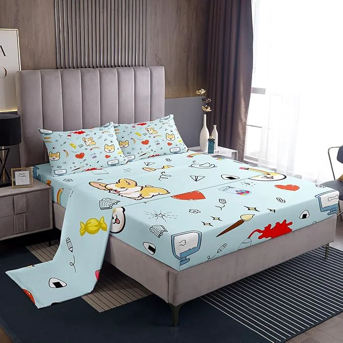 Top-Quality Castle Fairy Cartoon Dog Sheet Set King Size Hippie Graffiti Painting Bedding 1 Fitted Sheet 1 Flat Sheet 2 Pillowcases Kawaii Puppy Pet Theme Sheet Soft Comfortable – 4 Piece Fast