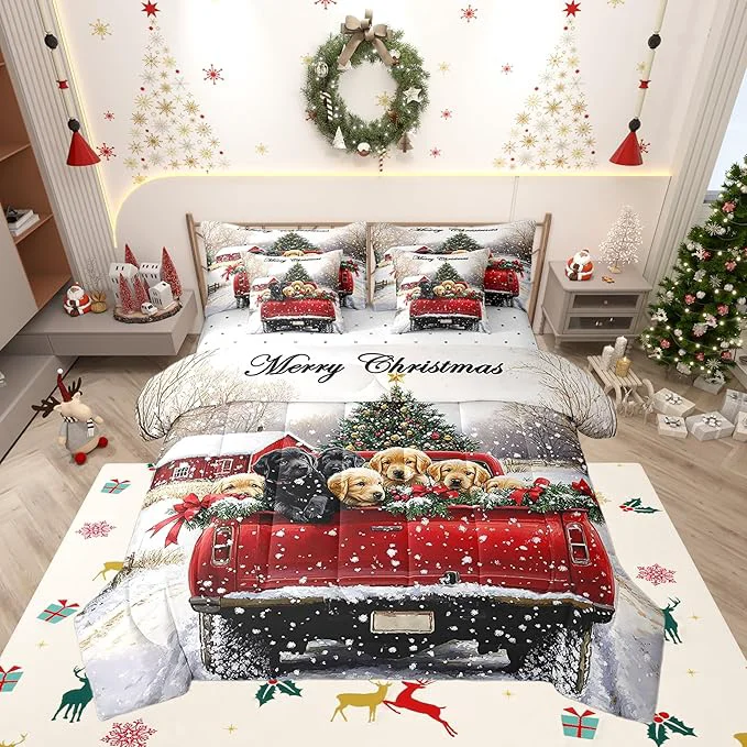 Trusted Farmhouse Christmas Dog Comforter Set 7 Pieces Red Christmas Trees Truck Bed Set Rustic Style Bedding Bed in a Bag Queen 1 Comforter 2 Pillowcase 2 Pillow Covers 1 Flat Sheet 1 Fitted Sheet Official