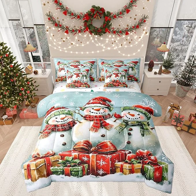 Trusted Happy New Year Comforter Set Bed in a Bag 7 Pieces King 3D Snowman Gifts Watercolor Bowknot Bedding Set Winter Geometric Snowflakes Comforter Fitted Flat Sheet 2 Pillowcases 2 Throw Pillow Covers Trendy