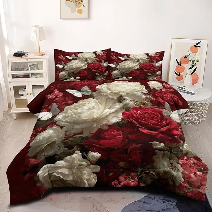 Advanced 7Pcs Twin Size Bed in A Bag for Girls Women Red Victorian Botanical Floral Rose Comforter Sets 1 Comforter 68 quot x 90 quot 2 Pillowcases 1 Fitted Sheet 1 Flat Sheet 2 Pillow Shams Minimalist