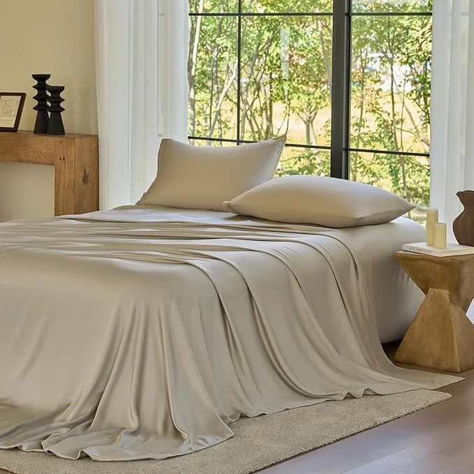 Authentic DOZ Sheet Set Viscose derived from Bamboo Organically Grown Buttery Soft Cooling Sheets High GSM Deep Pockets – 3 Piece – 2 Pillowcases 1 Fitted Sheet Fog Queen Lightweight