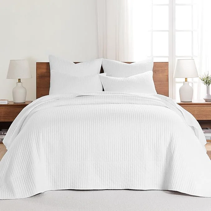 Flexible Levtex Home Cross Stitch Reversible Queen Bedspread Set 104x106in with 2 Pillow Shams 26x20in – Stitch Texture – Bright White – Cotton Queen Size Bedspread Set – Lightweight Soft Pre-Washed Dependable