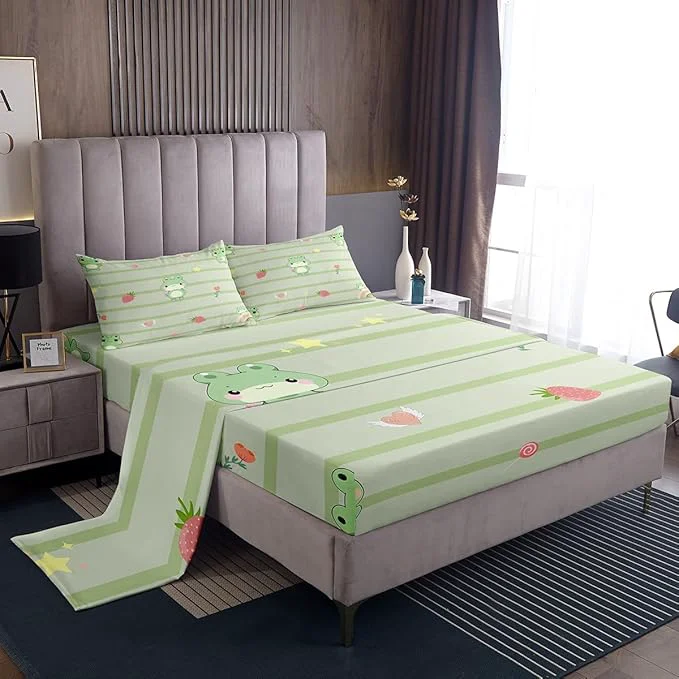Verified Castle Fairy Cute Frog Fitted Sheet Set with 2 Pillowcase Pink Strawberry Sweet Fruits Bed Sheet for Boys Girls Bedroom Light Green Frogs Stripes Top Flat Sheet Luxury Microfiber Queen Size Traditional
