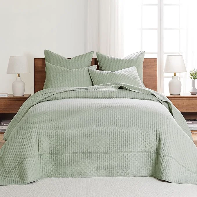 First-Class Levtex Home Cross Stitch Reversible King Bedspread Set 120x104in with 2 Pillow Shams 36x20in – Stitch Texture – Desert Sage – Cotton King Size Bedspread Set – Soft Pre-Washed Advanced