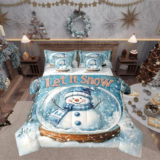 Innovative Winter Snowman Comforter Set 7 Pieces Merry Christmas Theme Bed Set Snow Botanical Plants Bedding Bed in a Bag Soft King 1 Comforter 2 Pillowcase 2 Pillow Covers 1 Flat Sheet 1 Fitted Sheet Contemporary