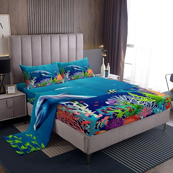 Reliable Cute Dolphin Kids Bed Sheets Set Ocean Fish Coral Fitted Sheet Cartoon Undersea Boys Girls Bedding Set for Bedroom Decor Blue Underwater Sheet Twin Flat Sheet amp Fitted Sheet with 1 Pillow Case Contemporary