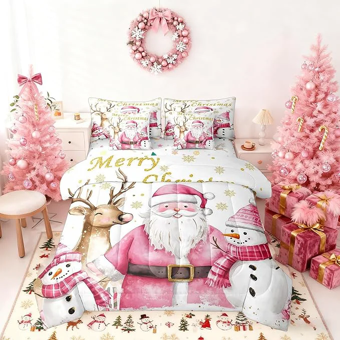 Proven Castle Fairy Cute Santa Claus 7 Pieces Bedding Set Full Bed in a Bag Winter Snowman Deer Watercolor Christmas Theme Comforter Set Geometric Snowflakes Gold Print Soft Warm Microfiber Bedding Long-Lasting
